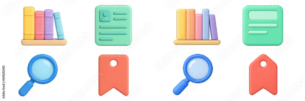 Poster 3d icon set for education and user interface design with books on a shelf, magnifying glass for sear