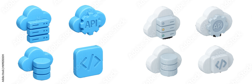 Poster collection of 3d icons for cloud computing technology, including server hosting, database storage, a