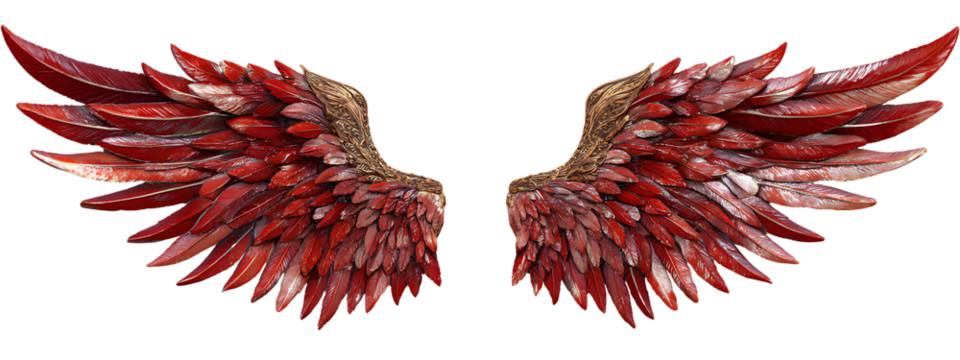  3d fantasy red angel wings, front view and side view, Transparent background PNG