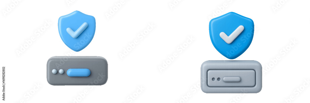 Poster server security and data protection concept with a blue shield and checkmark symbol for network safe