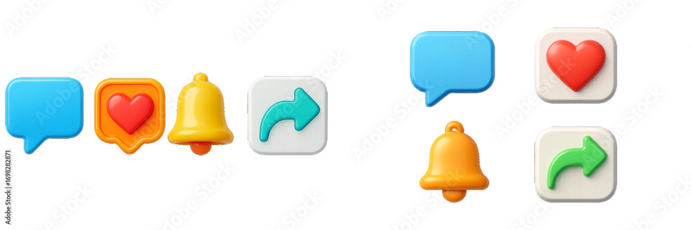 Poster 3d social media icons set with like, comment, share, and notification symbols for user interface des