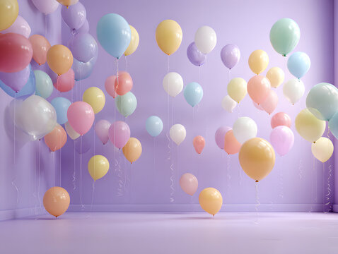 Colorful balloons floating in a pastel purple room