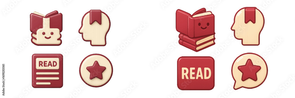 Poster reading and literature icon set with cute book characters, knowledge symbols, and favorite buttons f
