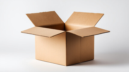 Open cardboard box with unfolded flaps on a clean white background, highlighting corrugated texture and simple packaging design suitable for shipping, storage, product photography presentations.