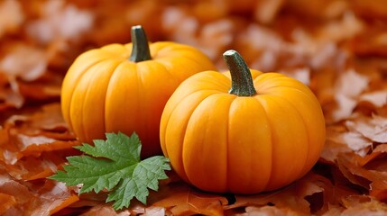 Two bright orange pumpkins resting on a bed of vibrant fallen autumn leaves, creating a cozy and rustic seasonal scene.