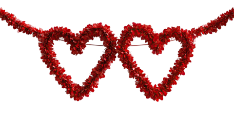 Two red hearts, formed by small, textured petals, on a black background
