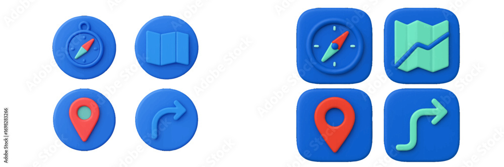 Poster volumetric navigation icon set with compass, map, location pin, and route symbols for user interface