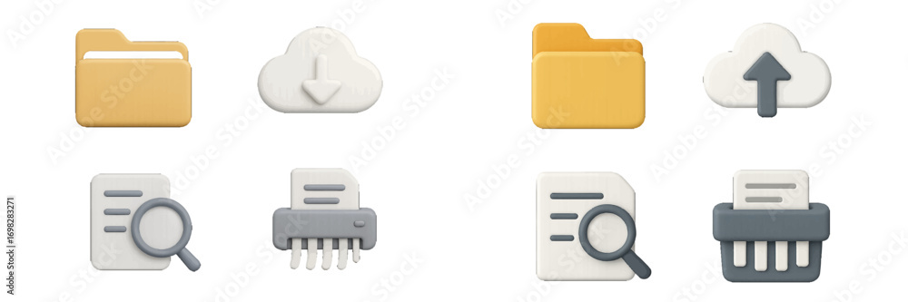 Poster file management symbols for ui design including folder, cloud upload and download, document search, 
