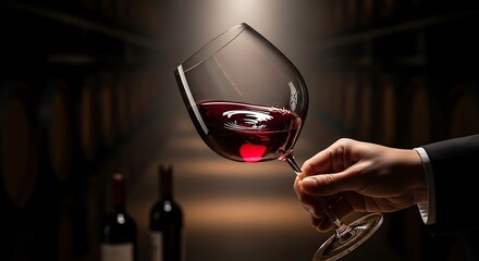 Elegant red wine swirl in glass, cellar ambiance