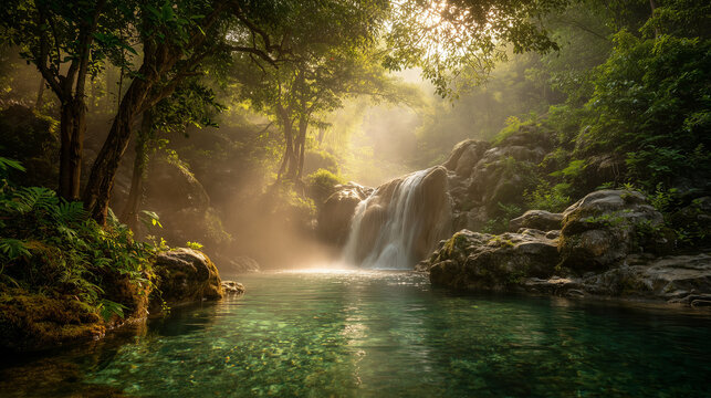 Tranquil forest waterfall cascading into a clear emerald pool, surrounded by lush trees and mossy rocks, with soft sunlight filtering through misty air creating serene atmosphere.