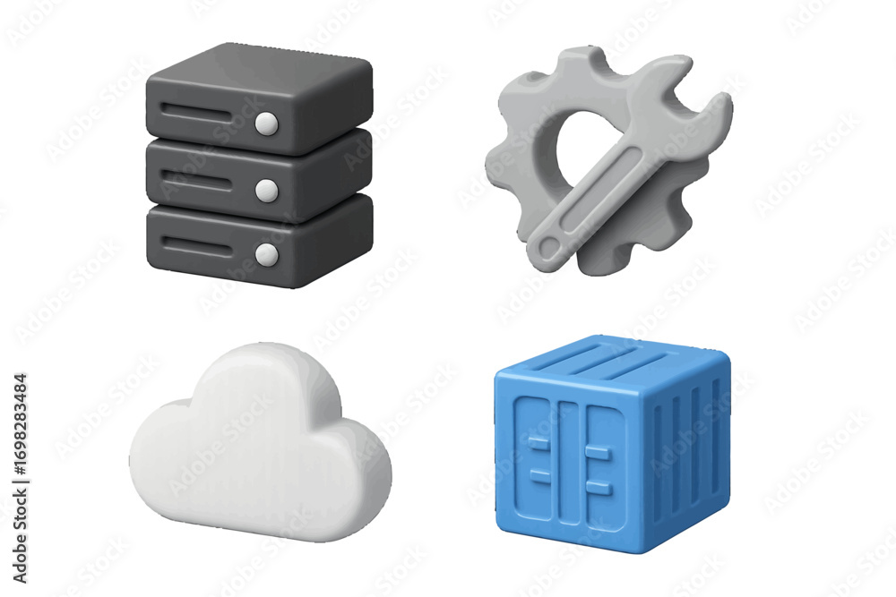 Poster volumetric icons for devops, cloud computing, server database, containerization, and settings tools 