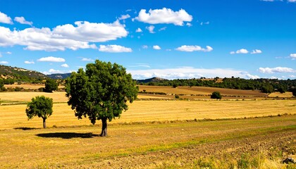 Sunny countryside landscape with fields and trees