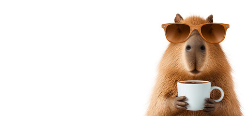 funny capybara as a holiday maker in sunglasses and with cup of hot drink