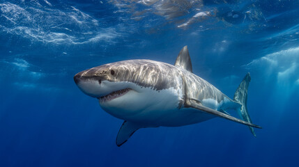 Naklejka premium Great white shark swimming underwater in clear blue ocean, close-up of a powerful marine predator with visible teeth, fins and textured skin illuminated by sunlight and surface reflections.