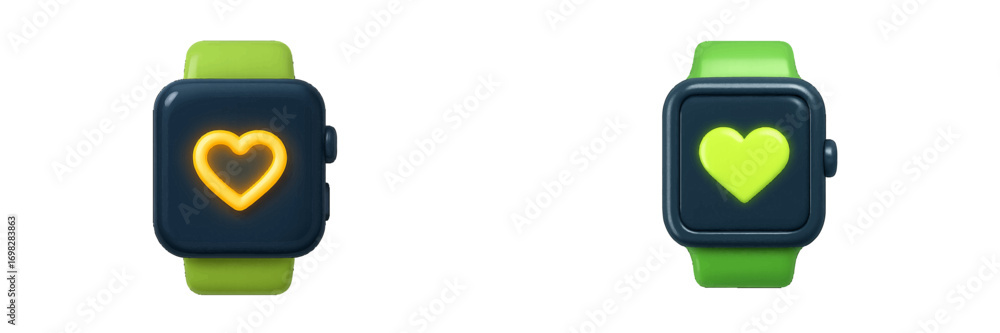 Poster 3d smartwatch icon set with glowing heart symbol on screen for health monitoring and fitness trackin