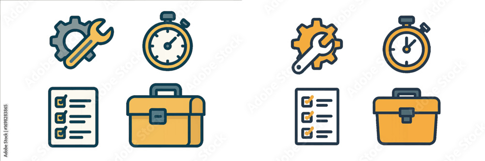 Poster set of business and productivity icons including tools, stopwatch, checklist, and toolbox in two dif