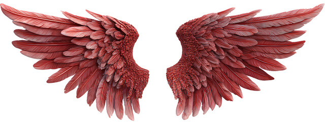  3d fantasy red angel wings, front view and side view, Transparent background PNG