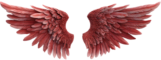  3d fantasy red angel wings, front view and side view, Transparent background PNG