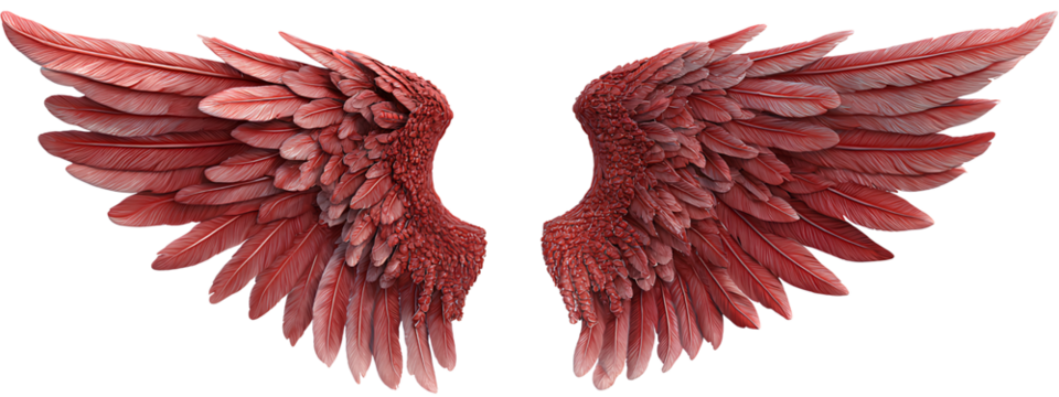  3d fantasy red angel wings, front view and side view, Transparent background PNG