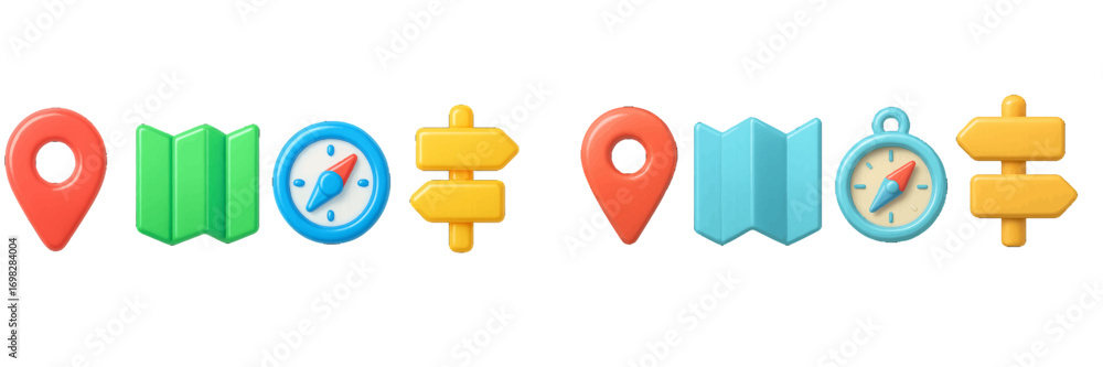 Poster colorful 3d navigation and travel icon set with location pin, compass, folded map, and signpost for 