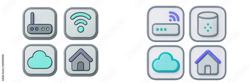 Poster set of 3d technology icons for user interface design including router, wi-fi signal, cloud storage, 
