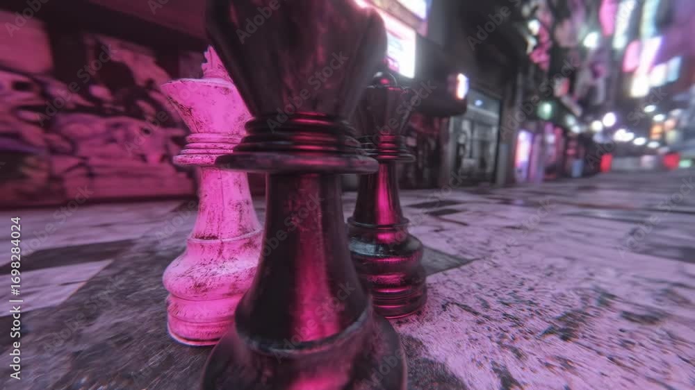 Poster abstract chess game simulation in an urban alleyway with neon light reflections