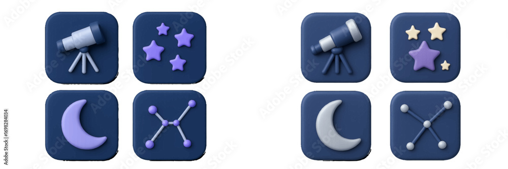 Poster set of 3d astronomy icons featuring a telescope, stars, crescent moon, and constellation symbols for
