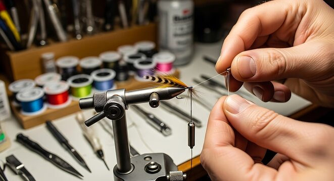 Hands crafting a fly fishing lure with focus and precision