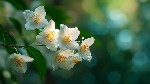 Luminous White Mock Orange Blossoms Glowing with Golden Stamens Against a Dreamy Bokeh