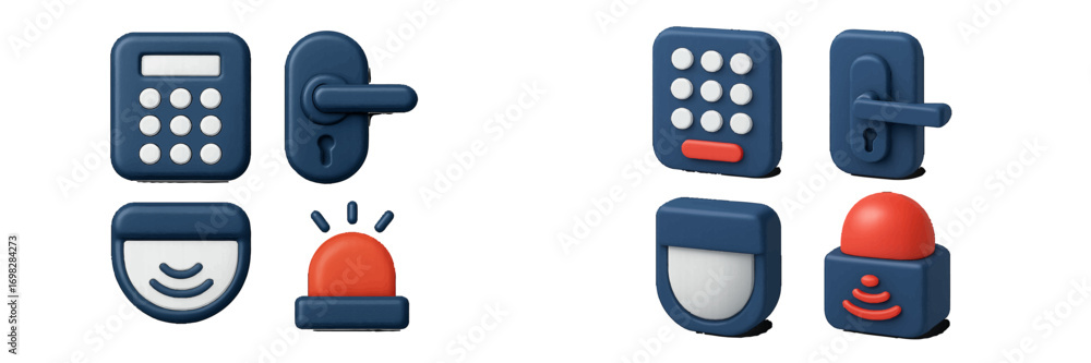 Poster 3d home security icon set with smart lock keypad, door handle, motion sensor, and alarm siren for mo