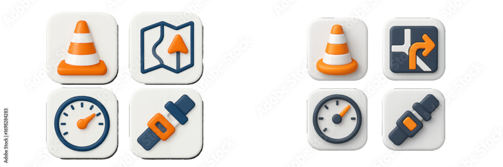 Poster volumetric navigation and driving icon set with traffic cone, map route, speedometer, and seatbelt s