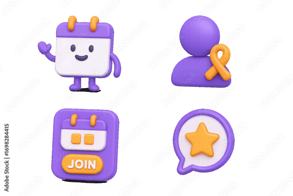 Poster set of 3d icons for user interface design including a calendar character, user profile with awarenes