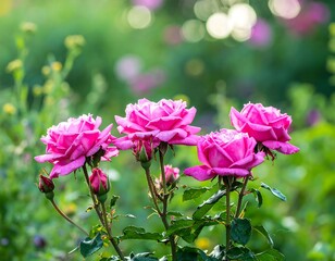 Obraz premium Vibrant pink roses in a garden setting