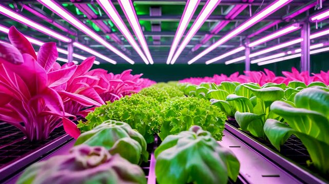 Hydroponic Indoor Farming with Green Leafy Vegetables under Pink LED Grow Lights in Rows