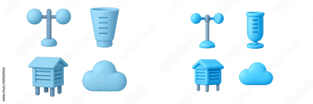 Poster 3d meteorology icon set with weather instruments like anemometer, rain gauge, and instrument shelter