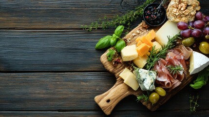 Elegant Gourmet Cheese Presentation on Rustic Wooden Board