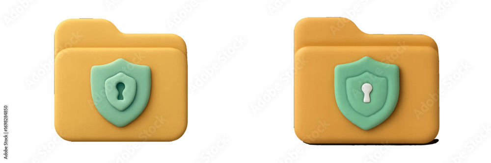 Poster 3d folder icon set with security shield for data protection and file safety, showing locked and unlo