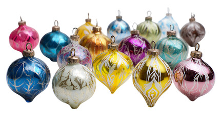Collection of colorful vintage christmas ornaments isolated on transparent background.