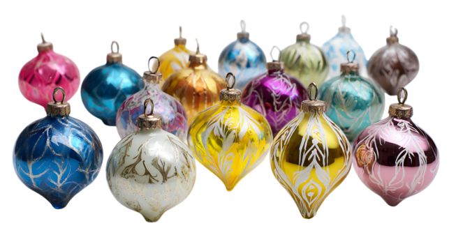 Collection of colorful vintage christmas ornaments isolated on transparent background.