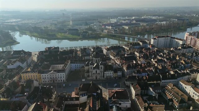 Aerial panorama of Chalon sur Saone with cathedral 
