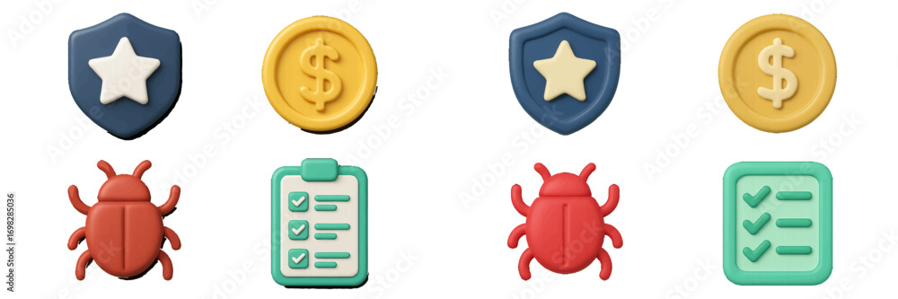 Poster 3d icon set with security shield, money coin, software bug, and task checklist for web and app inter