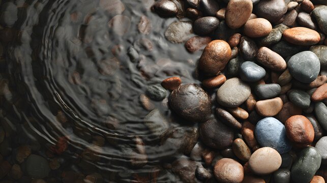 Close up of smooth rounded river rocks partially submerged in dark rippling water smooth stones pebbles