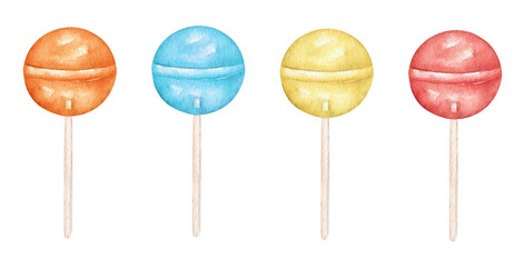 A set of bright watercolor lollipops on a stick, round sugar lollipops. A collection of red, blue, yellow, orange caramel lollipops. Illustrations of candy for children prints, holiday cards, parties.