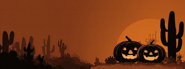 Desert Halloween night with glowing pumpkins and saguaro cactus silhouettes.