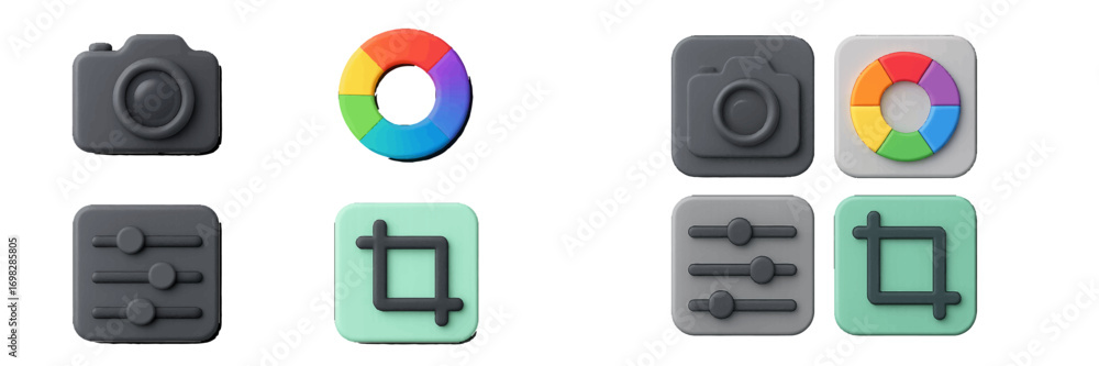Poster set of 3d style photo editor icons for user interface design including camera, color wheel, settings