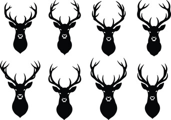 Deer head silhouette vector set, majestic stag illustration, antler design elements, wildlife animal icon, forest nature clipart, hunting symbol graphics