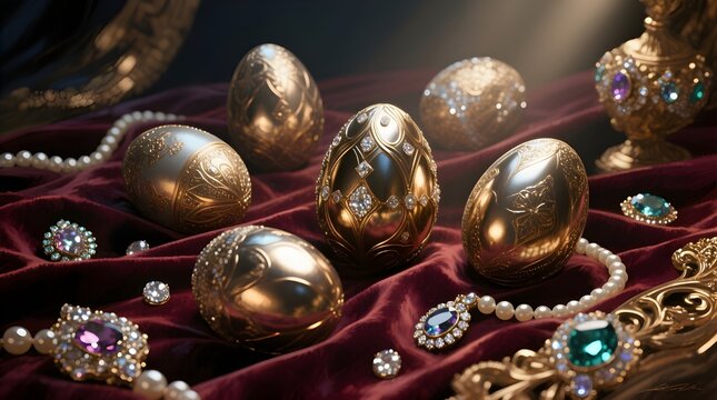 Fototapeta Luxurious Golden Easter Eggs with Jewels and Pearls