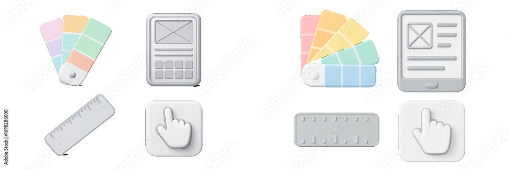Poster ui and ux design icon set with color palette, wireframe, ruler, and cursor symbols for web and mobil