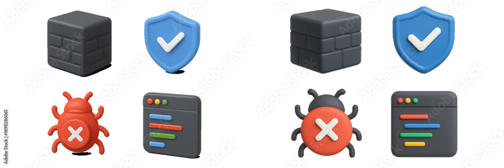 Poster 3d icon set for cybersecurity and programming with firewall, shield, virus bug, and code symbols for