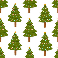 Christmas festive vector seamless pattern with hand drawn decorated cutie Christmas trees.